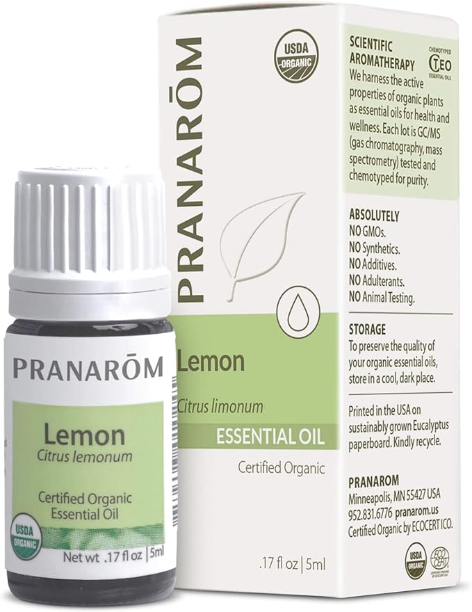 Pranarom USDA Certified Organic Lemon Essential Oil (5ml), 100% Pure Undiluted Therapeutic Grade from Argentina for Aromatherapy, Diffuser, DIY, Cleaning, Fresh Lemon Scent