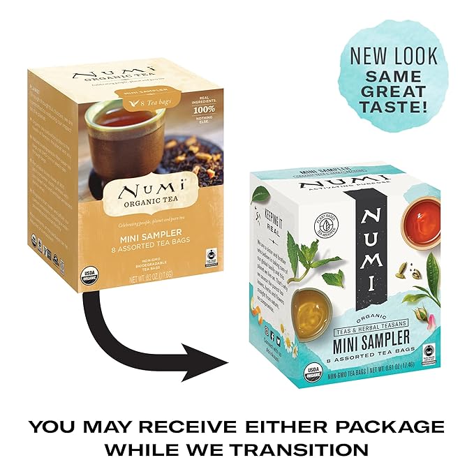 Numi Organic Tea Mini Sampler Variety Pack, 8 Count Box, Assorted Black Tea, Green Tea, White Tea, Herbal Tea Bags