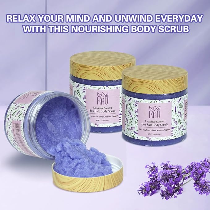 KAV Salt Body Scrub - Natural Exfoliating Salt Scrub for Body and Face, Helps with Moisturizing Skin, Dead Cell Removal, Rejuvenation and Relaxation, 4 Scents (Lavender)