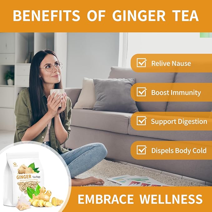 Dried Ginger Root Tea Bags - 60bags/6.4 OZ 100% Pure & Natural Roasted Ginger Herbal Tea, Caffeine Free, No Additives, No Sugar, Non-GMO, No Gluten