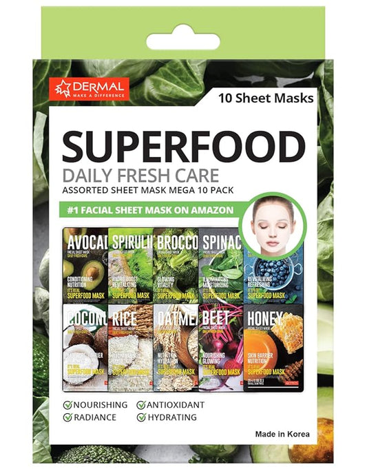 DERMAL Superfood Daily Fresh Care Assorted Sheet Mask Mega 10 Pack- Facial Sheet Mask for Glowing Refreshing Skin - Moisturizing Sheet Masks for All Skin Types' Face Enriched with Natural Ingredients