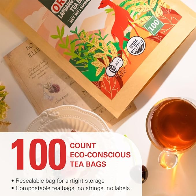WT WEETEE Organic Lapsang Souchong Tea Bags, Organic Smoky Black Tea 100 Count, Natural Caffeine & Antioxidant, Classic Chinese Tea