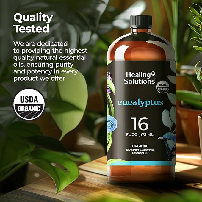 Healing Solutions Organic Eucalyptus Oil, Bulk 16oz - Natural Eucalyptus Scent - Large Bottle for Diffuser, Spray & More