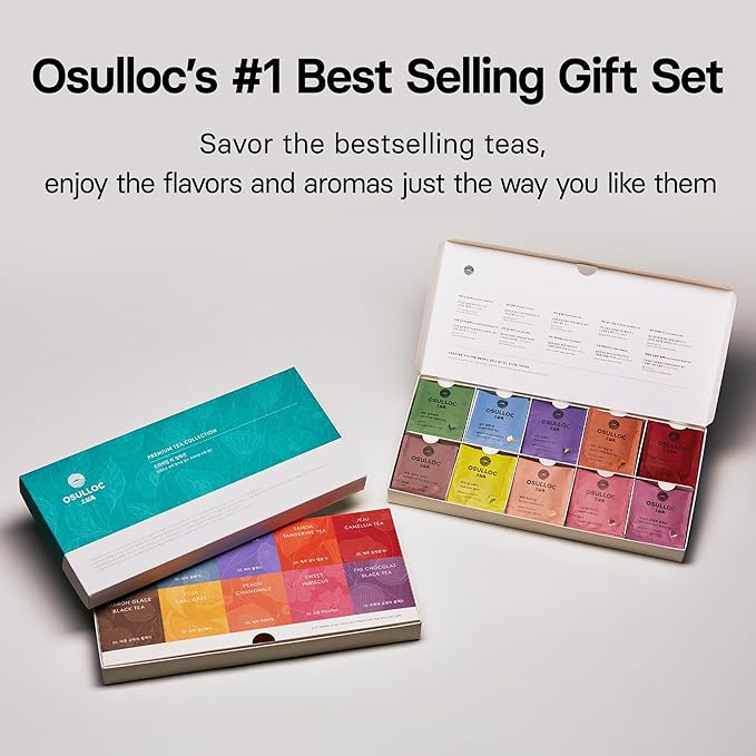 OSULLOC Premium Tea Collection (40 count, 10 flavors x 4 ea), Assorted Tea bag Sampler, Premium Organic Pure & Blended Self Care Gift Set box from Jeju for Tea lovers