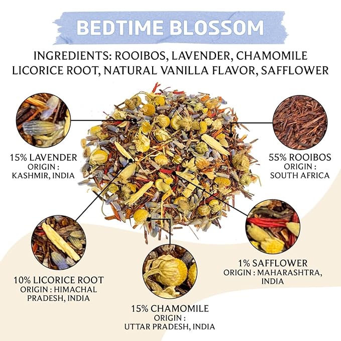 BREWIX, Bedtime Blossom Calming Tea For Sleep (50+ Cups) Herbal All Natural | Supports a Good Night’s Sleep | Night Time, Caffeine Free with Rooibos, Safflower, Chamomile and Lavender | Perfect for Bedtime | Relaxing Natural Nighty Night Sleeping Tea