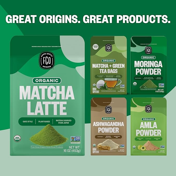 FGO Organic Matcha Latte Powder, 16 Ounce Bulk Resealable Bag, Japanese Matcha with Organic Cane Sugar, Lightly Sweetened, Packaging May Vary (Pack of 1)