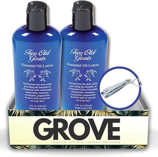 Two Old Goats Essential Oil Lotion 4 oz Bundle with Nail Clipper - Moisturizing Lotion with Lavender, Chamomile, Eucalyptus, and More for Soothing Skin Care - Gift Set (3 Items)