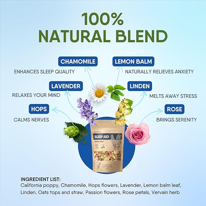 Sleep Aid Tea for Bedtime with Calming Lemon Balm, Relaxation Lavender, Linden Flowers, Chamomile, California Poppy, Passion Flowers, Verbena, Natural Herbal Organic Wellness Tea for Relaxation and Stress Relief, Sleepytime