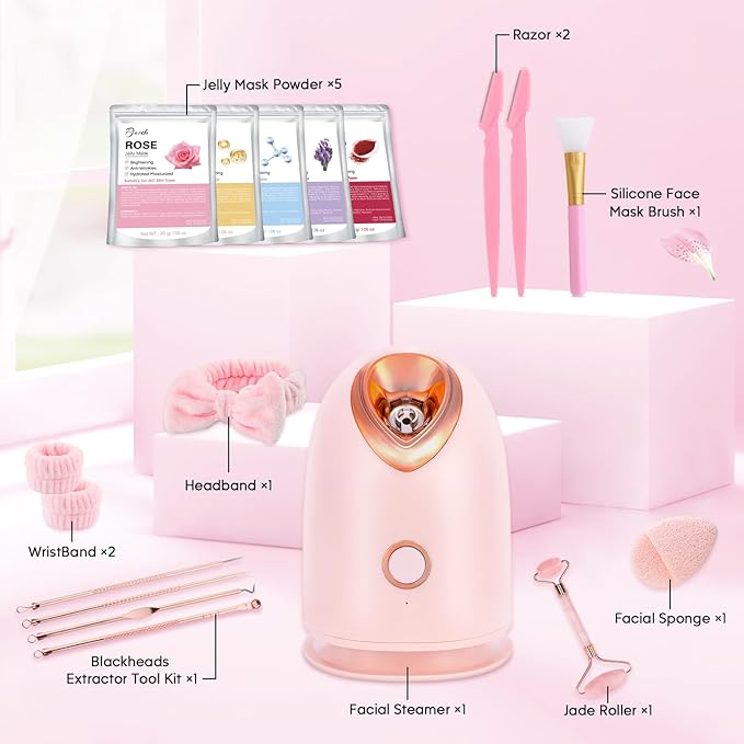 Facial Steamer Spa Kit with 17 Skin Care Tools, Nano Ionic Face Steamer for Deep Cleaning Unclogs Pores, Warm Mist Humidifier Steamer for Face Home Sauna SPA, Self Care Gifts for Women