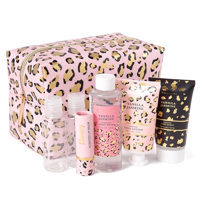 Tahari Vanilla Jasmine Spa Gift Set for Women – Luxurious Bath Kit with Body Lotion, Body Scrub, Body Wash & Lip Balm with Bag – Perfect Selfcare Gifts for Women (Leopard)