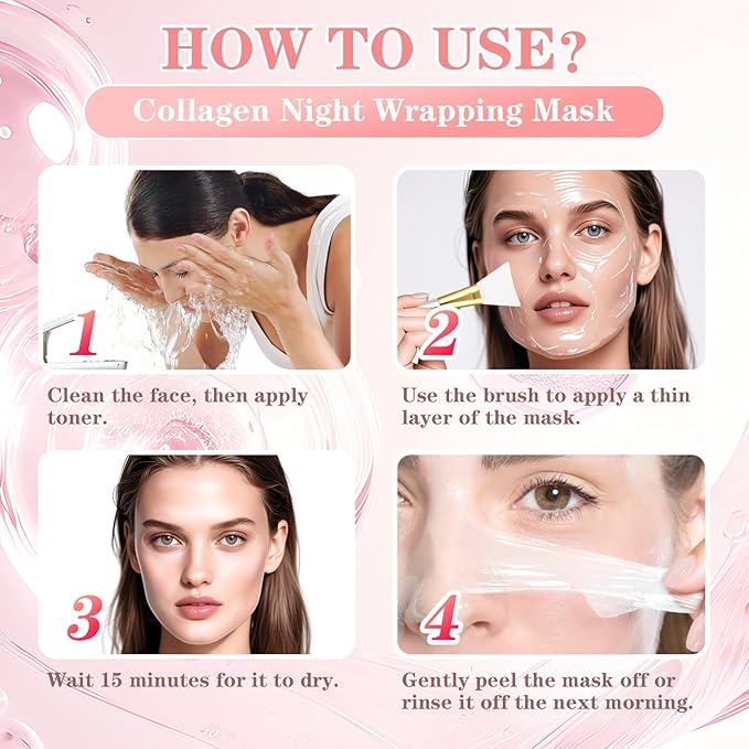 Collagen Overnight Wrapping Peel Off Face Mask Overnight Collagen Face Mask -Deep Hydration Care, Reduce Sagging & Dullness-Korean Skin Care for Glowing Skin 2.65 fl.oz, Brush Included(Pink)