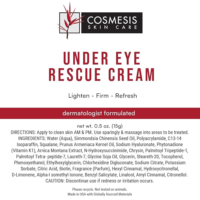 Cosmesis Under Eye Rescue Cream: Minimizes Puffiness, Fights Aging & Environmental Damage with Antioxidant Tea Blend, 0.5 oz (15g)