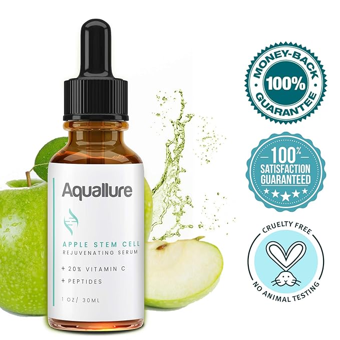 NEW! Aquallure Apple Stem Cell Rejuvenating Serum - Moisturizing Facial Treatment with Vitamin C 20%, Peptides, Hyaluronic Acid - Reduce Appearance of Fine Lines, Improve Skin Texture - 1 fl oz