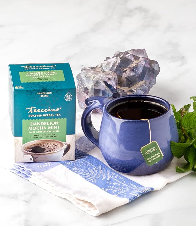 Teeccino Dandelion Mocha Mint Tea - Caffeine Free, Roasted Herbal Tea with Prebiotics, 3x More Herbs than Regular Tea Bags, Gluten Free - 25 Tea Bags