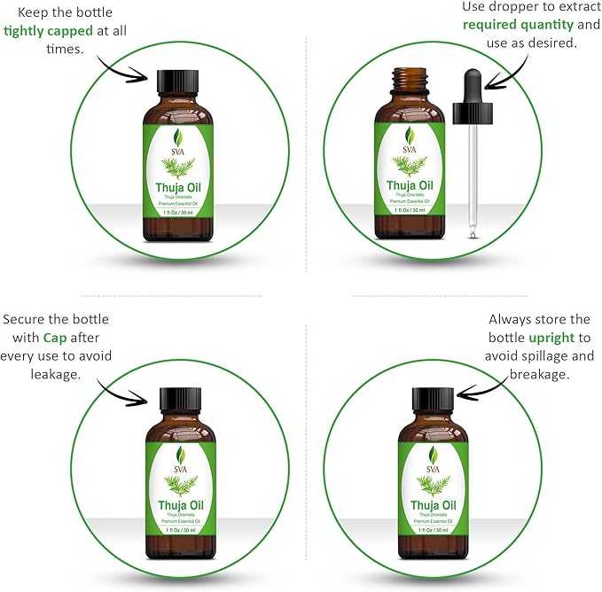 SVA Thuja Essential Oil – 1 Fl Oz – 100% Natural Thuja Oil - for Diffuser, Hair Care, Face, Skin Care, Aromatherapy, Scalp and Body Massage, Soap and Candle Making - with Dropper