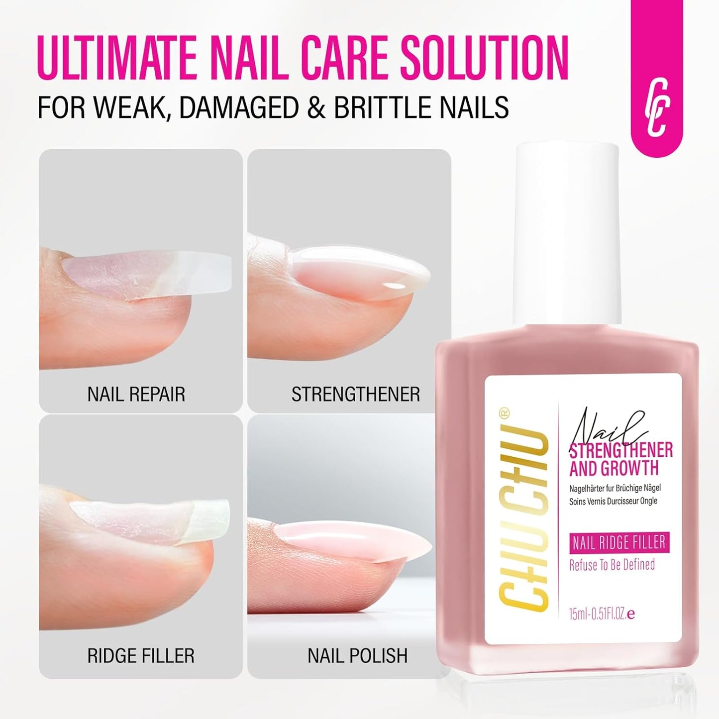Nail Repair Strengthener for Women: 8 in 1 Coral Pink Protein Nail Hardener Extra Strong and Growth - Natural Nail Polish for Weak and Damaged Nails 15ml