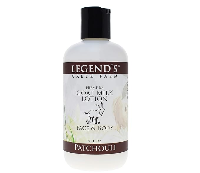 Legend's Creek Farm Goat Milk Lotion - Deeply Moisturizing Goat Milk Body Lotion for Body, Hand & Face - 9 oz Body Moisturizer with Shea Butter, Sunflower Oil, Aloe, Handmade in USA (Patchouli L.)