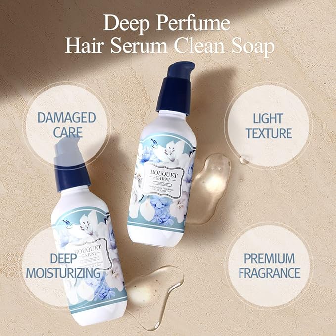 BOUQUET GARNI Deep Perfume Hair Serum Clean Soap Fragrance - Anti-Frizz Hair, Quick Absorption, Long-lasting (Containing Amino acids, Proteins, Hyaluronic Acids, Vegan Oils) - 3.4 oz