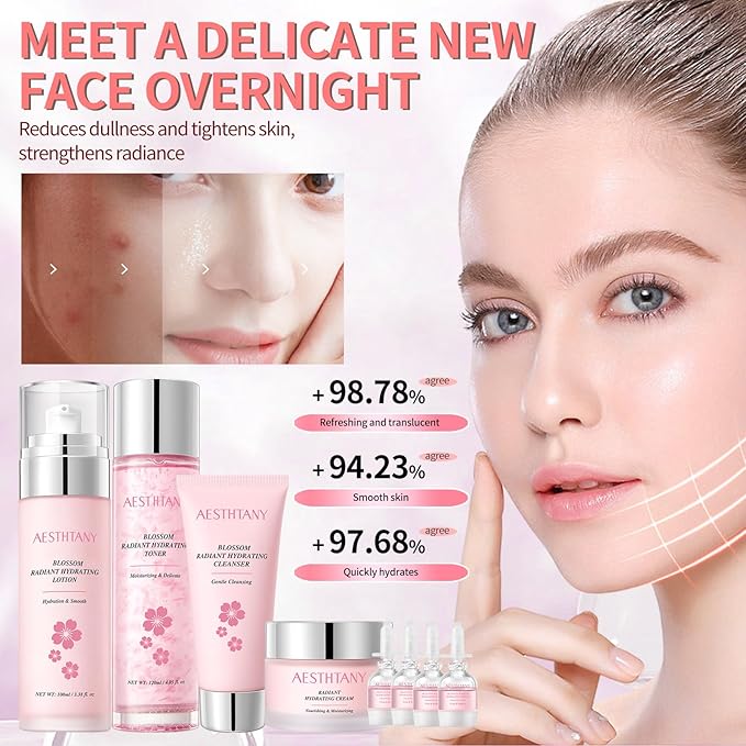 Skin Care Set For Women Moisturizing Rejuvationg Cherry Blossom Skin Care For Women Daily Skin Care Routine(8 Piece Set)