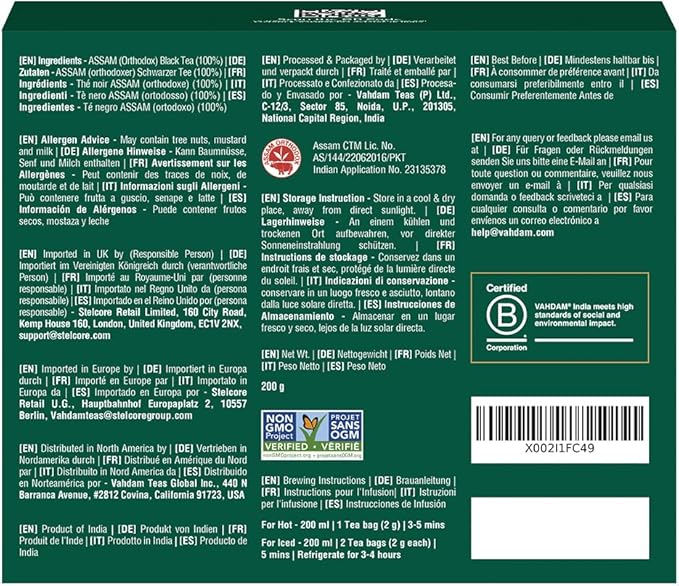 VAHDAM, Assam Exotic Black Tea Bags (100 Count) High Caffeine, Gluten Free, Full Bodied | Pyramid Tea Bags | Strong, Robust & Flavoury | Direct from Source