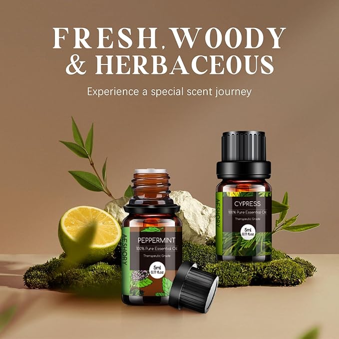 Woody & Herbal Essential Oils Set - TOP 14 Fragrance Oil for Diffusers, Aromatherapy, Candle Making - Sandalwood, Cedarwood, Teakwood, Vetiver Aromatherapy Scented Oils (5ml)