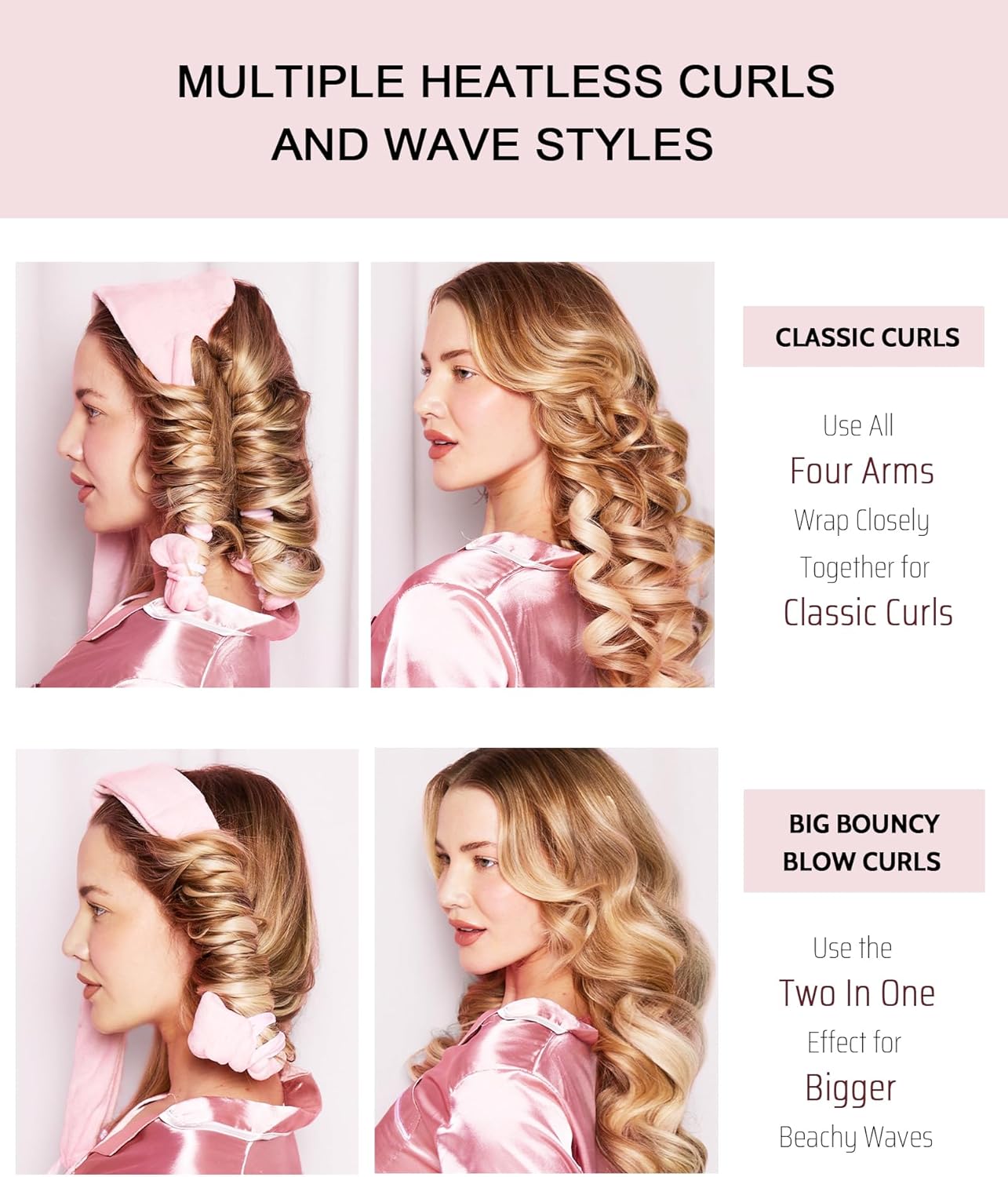 Heatless Hair Curler Curls Overnight Rods No Heat Hair Curlers to Sleep in, Soft Heatless Curling Ribbon Set with Clip Hair Rollers for Blowout Look Long Short Hair, Sonic Pink