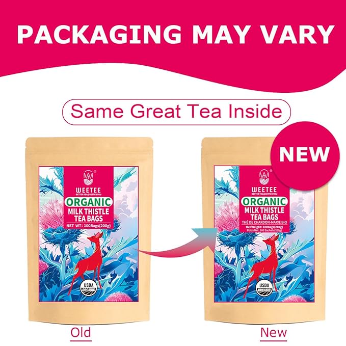 WT WEETEE Organic Milk Thistle Tea Bags, 100% Pure & Natural Roasted Milk Thistle Seeds, Caffeine-free Herbal Tea Detox Tea 2g x 100 Counts