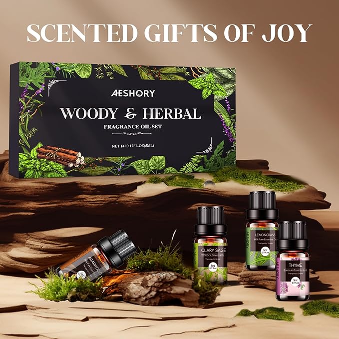 Woody & Herbal Essential Oils Set - TOP 14 Fragrance Oil for Diffusers, Aromatherapy, Candle Making - Sandalwood, Cedarwood, Teakwood, Vetiver Aromatherapy Scented Oils (5ml)