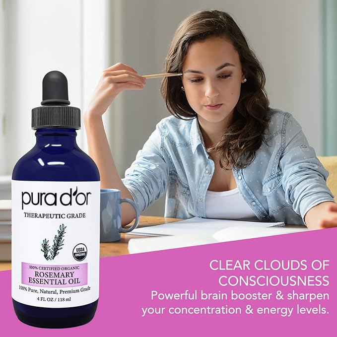 PURA D'OR Organic Rosemary Essential Oil, 4oz, Therapeutic Grade, for Hair, Body, Skin, Aromatherapy, Relaxation, Massage, Mood, Relief, Home, DIY Soap