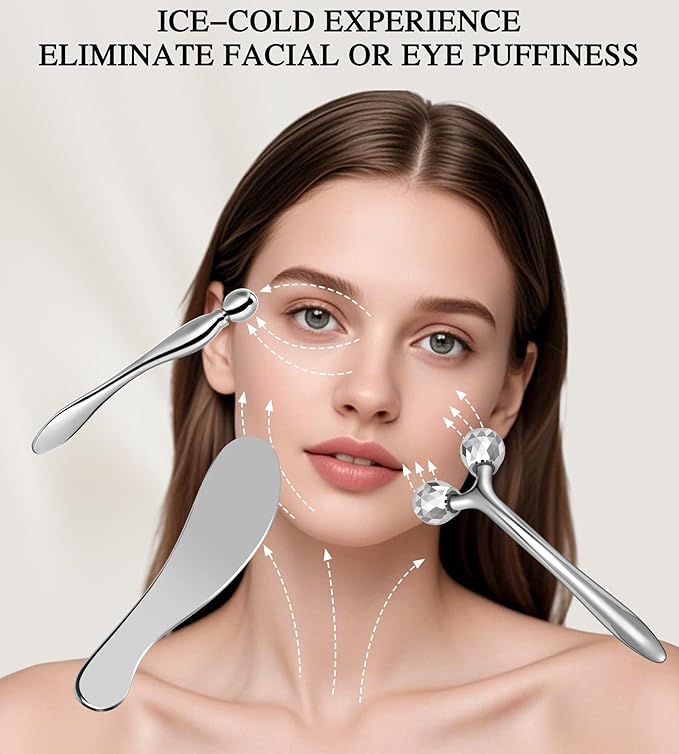 Face Roller, Large Stainless Steel Metal Guasha & Eye Cream Applicator Facial Tool Set Eye Massager Lymphatic Drainage Gua Sha for Face Neck