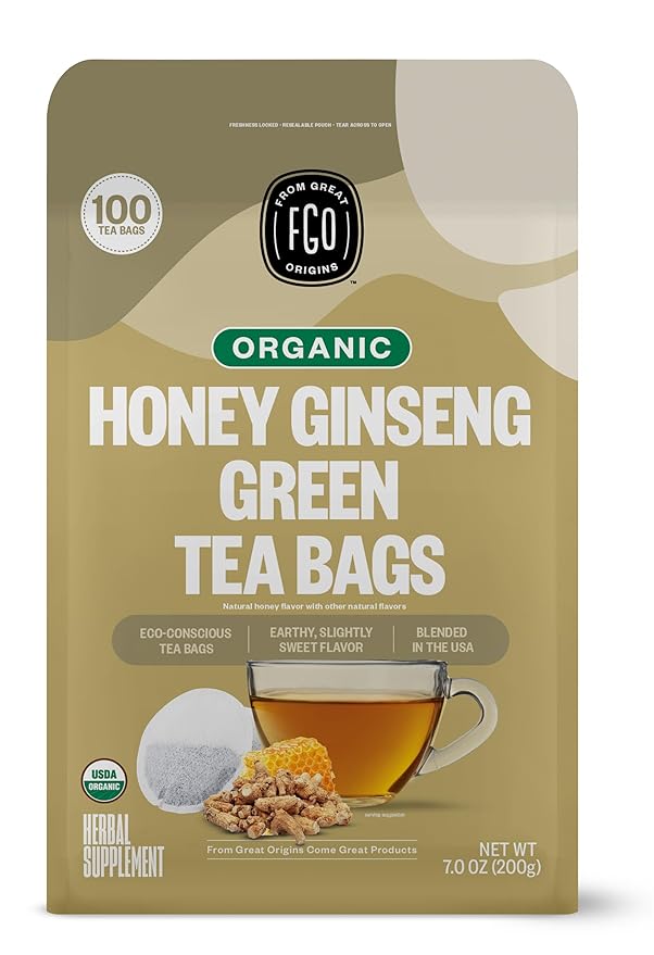 FGO Organic Honey Ginseng Green Tea, 100 Count, Eco-Conscious Tea Bags, Resealable Bag, Packaging May Vary (Pack of 1)