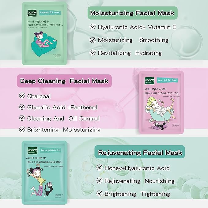 Face Masks Skincare Set for Girl,Moisturizing Collagen Facial Masks for Women Home Spa,Hyaluronic Acid Face Mask for All Skin Types,Day Night Facial Mask Hydrating,Deep Cleaning,Oil Contral(24Pack)