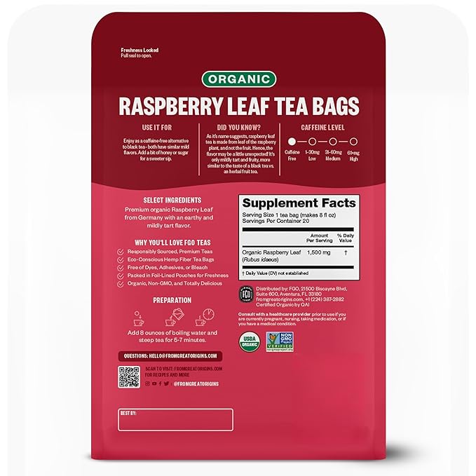 FGO Organic Red Raspberry Leaf Tea, 20 Count, Eco-Conscious Tea Bags, Resealable Bag, Packaging May Vary (Pack of 1)