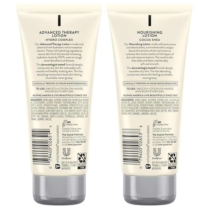 Suave Lotion Variety Pack – Advanced Therapy Hydro Complex & Nourishing Lotion Cocoa Shea, Moisture-Rich Body Lotion for Extremely Dry Skin, 3 Oz Ea (2 Piece Set)