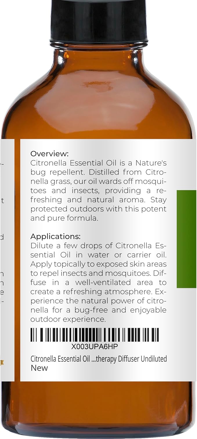 Citronella Essential Oil by Velona - 4 Fl Oz | Therapeutic Grade 100% Pure and Natural | for Aromatherapy Diffuser, Massage, Skincare, Haircare, Soapmaking | Undiluted and Multipurpose in Glass Bottle