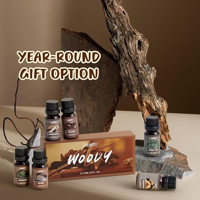 SALUBRITO Woody Fragrance Oils Set, Wood Essential Oil Set for Diffuse, Forest Pine, Sandalwood, Leather, Teakwood, Myrrh, Cedarwood Scented Oil for Candle, Soap Making