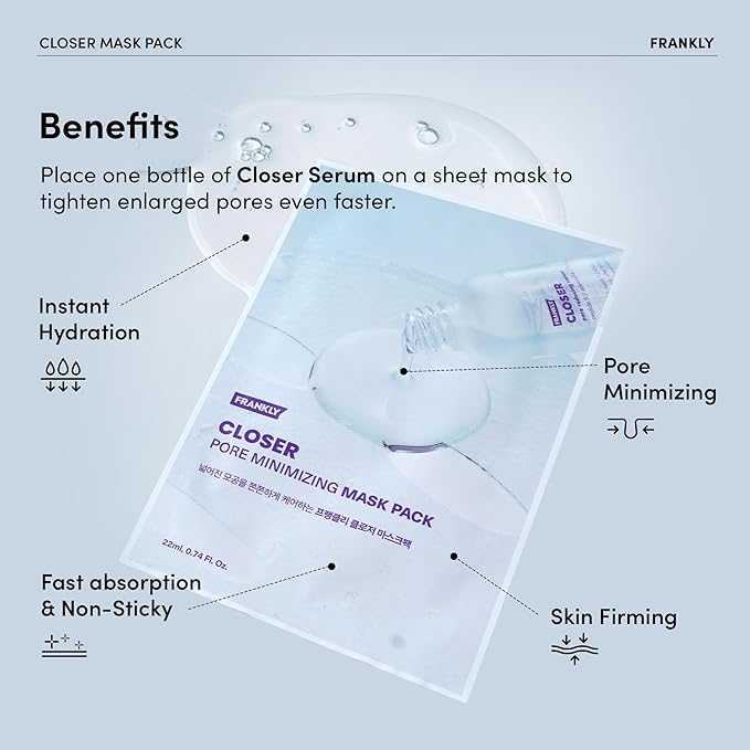 FRANKLY Closer Pore Minimizing Mask,10 sheets – Korean Semi-Gel Face Mask for Pore Care, Hydration & Firming | Korean Skin Care with Collagen, Triple Hyaluronic Acids & Peptides | 0.74 fl oz*10 EA