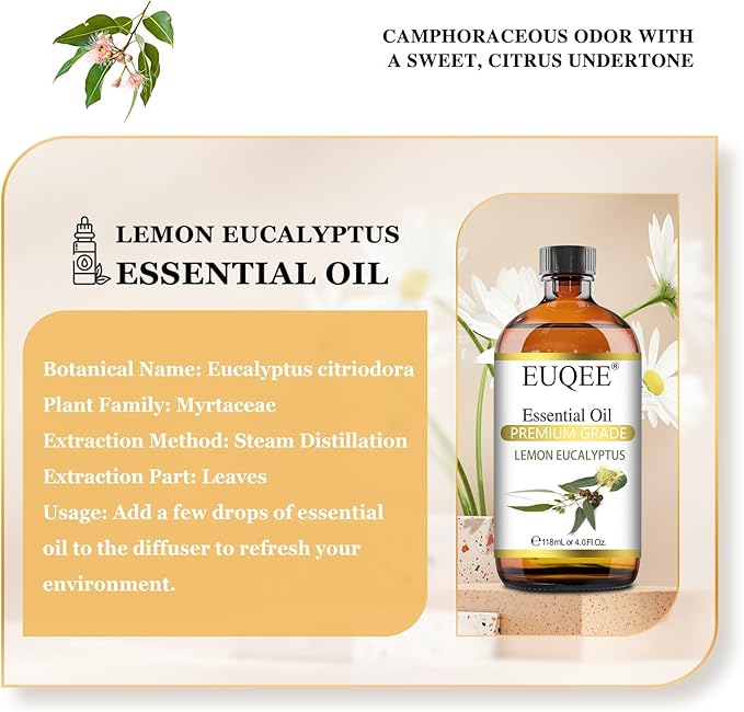 Lemon Eucalyptus Essential Oil Pure Lemon Eucalyptus Oil, Large Capacity Essential Oil with Glass Dropper for Diffuser, Candle Making - 118ml / 4 Fl.Oz