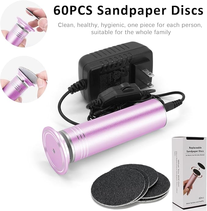 Upgraded Electric Foot Callus Remover 0-1200rpm, Professional Electric Foot File Sander Pedicure Tools for Dead Skin Cracked Heels, Adjustable Speed, 60 Replaceable Sandpaper Discs (FCR-2 Pink)