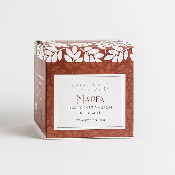 CatSpring Marfa Dark Roast Black Yaupon Tea - Naturally Caffeinated Texas Tea, Individually Packed Herbal Teabags, 16 Bags per Box