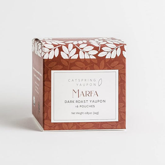CatSpring Marfa Dark Roast Black Yaupon Tea - Naturally Caffeinated Texas Tea, Individually Packed Herbal Teabags, 16 Bags per Box
