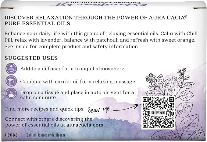 Aura Cacia Essential Oil Relaxation Kit, 4-Pack, Lavender, Patchouli, Sweet Orange, Chamomile, Sweet Basil & Learning Guide