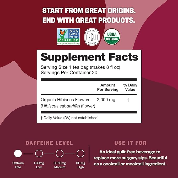 FGO Organic Hibiscus Tea, 100 Count, Eco-Conscious Tea Bags, Caffeine Free, Packaging May Vary (Pack of 1)