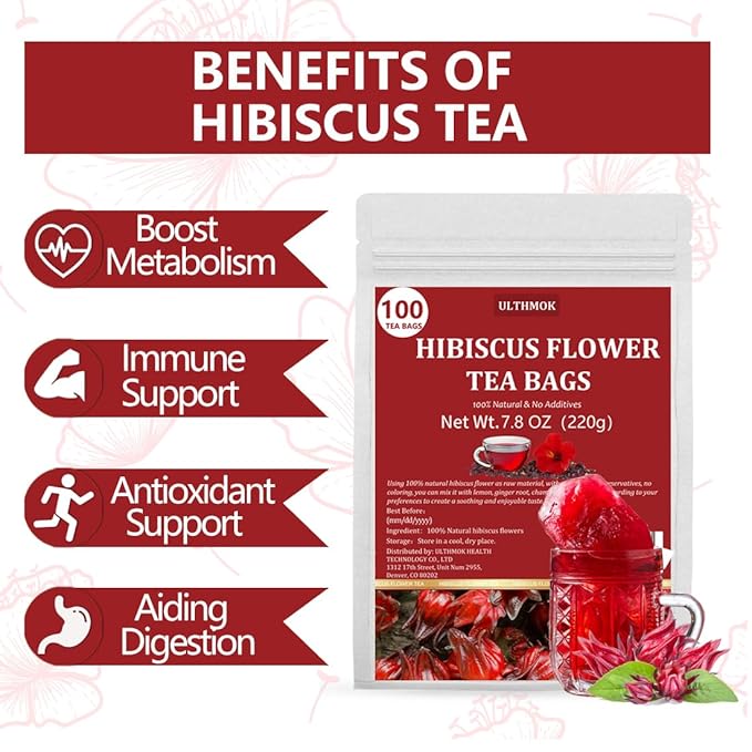 Premium Hibiscus Tea Bags,100 Tea Bags/7.06 Oz,100% Pure Dried Hibiscus Flower,Natural & No Additives,Caffeine Free.