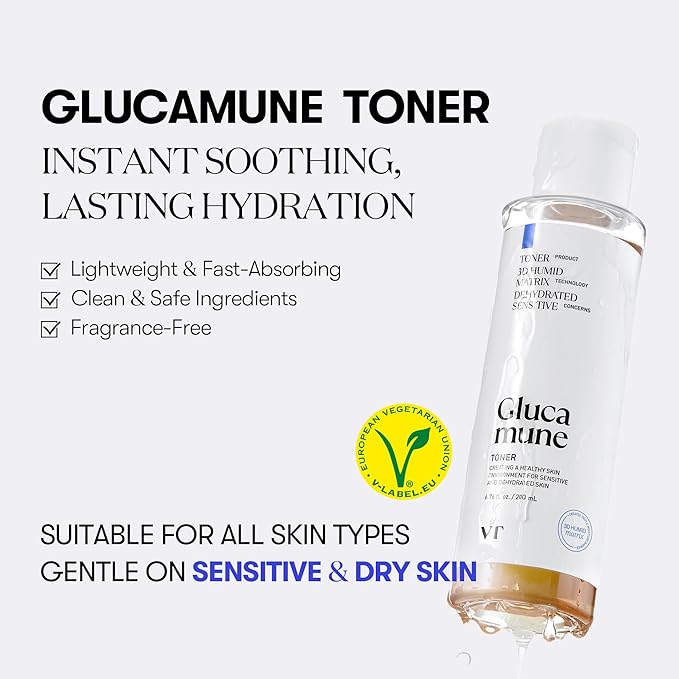 VT COSMETICS Glucamune Facial Toner with Vegan Mucin, Hydrating & Soothing for Dry, Sensitive, and Combination Skin, Korean Skincare, Fragrance-Free