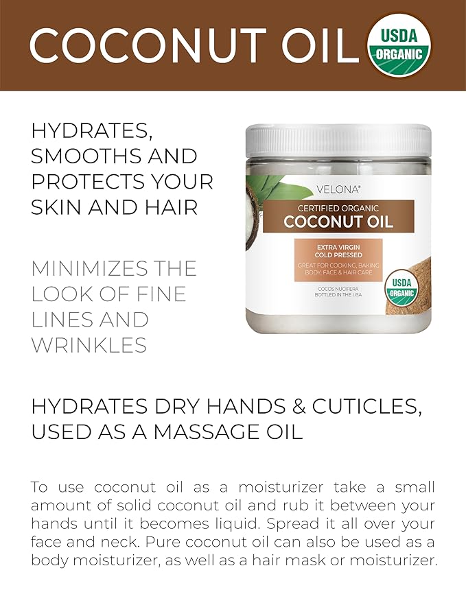 Velona USDA Certified Organic Coconut Oil Extra Virgin - 16 fl oz | Food and Cosmetic Grade | in jar | Extra Virgin, Cold Pressed