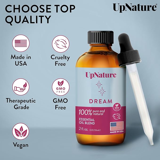 UpNature Dream Sleep Essential Oil - 2 Oz – Sleep Peacefully, Soothing Scent, Calming, Serenity - Undiluted, Non-GMO, Aromatherapy with Dropper
