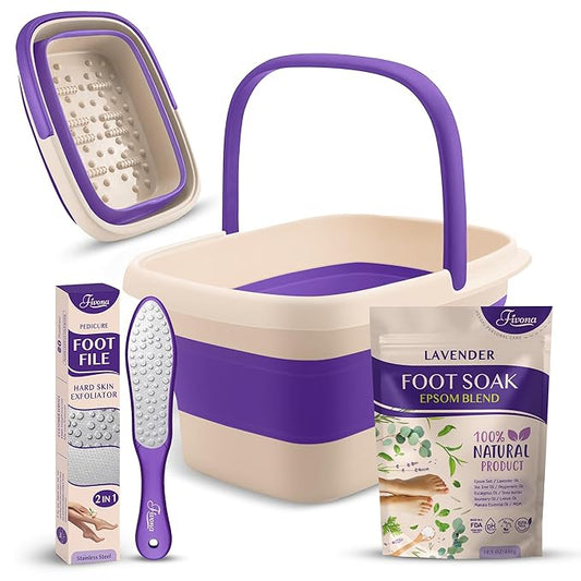 Fivona Foot Care Kit 3 in 1 - Foot Soak Blend with Epsom Salt, Lavender and Essential Oils - Collapsible Foot Soak Basin - Dual Action Foot File