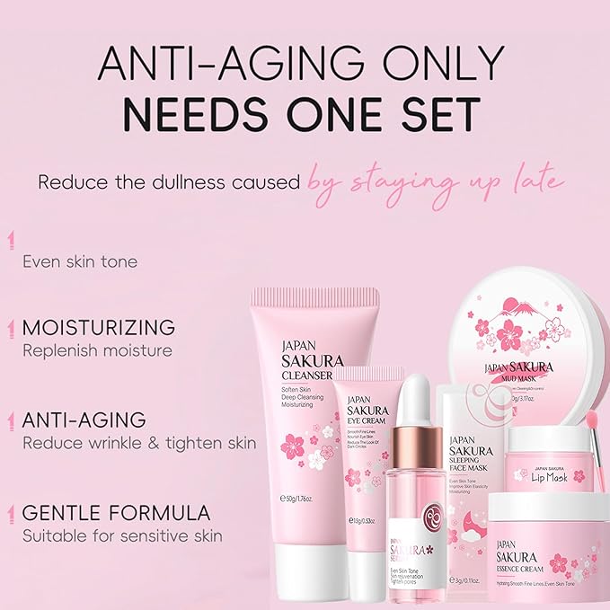 Japan Sakura Skincare Set 7PCS-Teenage Skin Care Set-Skin Care for Teens 10-12-Skincare for Girls 10-12-Teen Skin Care Kit with Cleanser,Face Cream,Mud Mask,Eye Cream (One Size, Starter Moiturizing)
