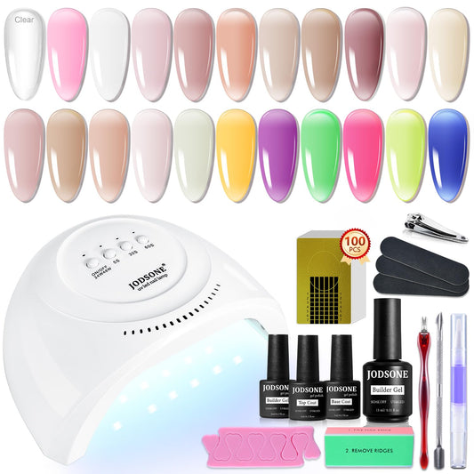 JODSONE Builder Gel Nail Kit with U V Light Base Top Coat 21 Colors High Shine Builder Gel and 100 PCS Extension Stickers